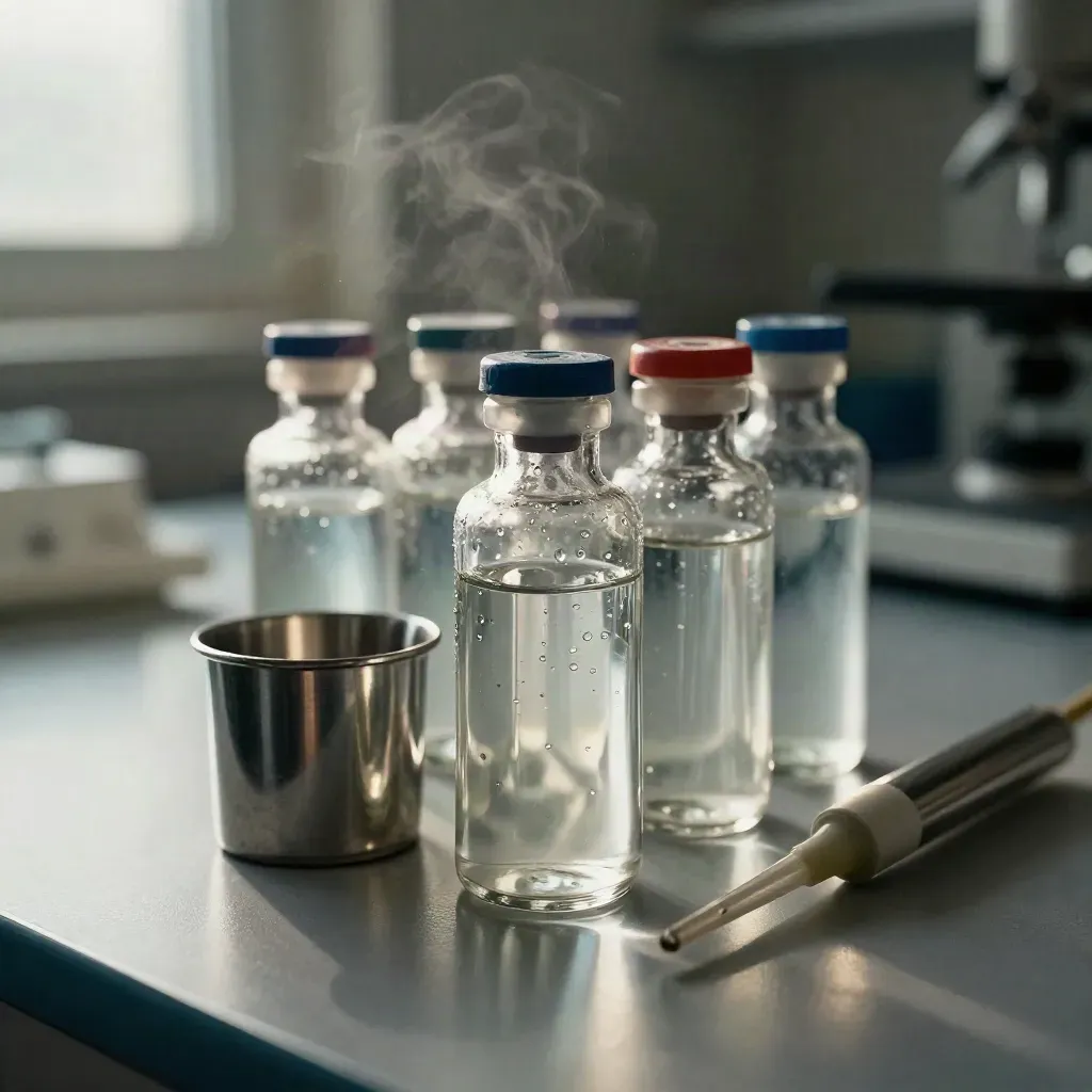Water testing vials, reagent bottles, sample cup and pipette bulb on brushed metal.