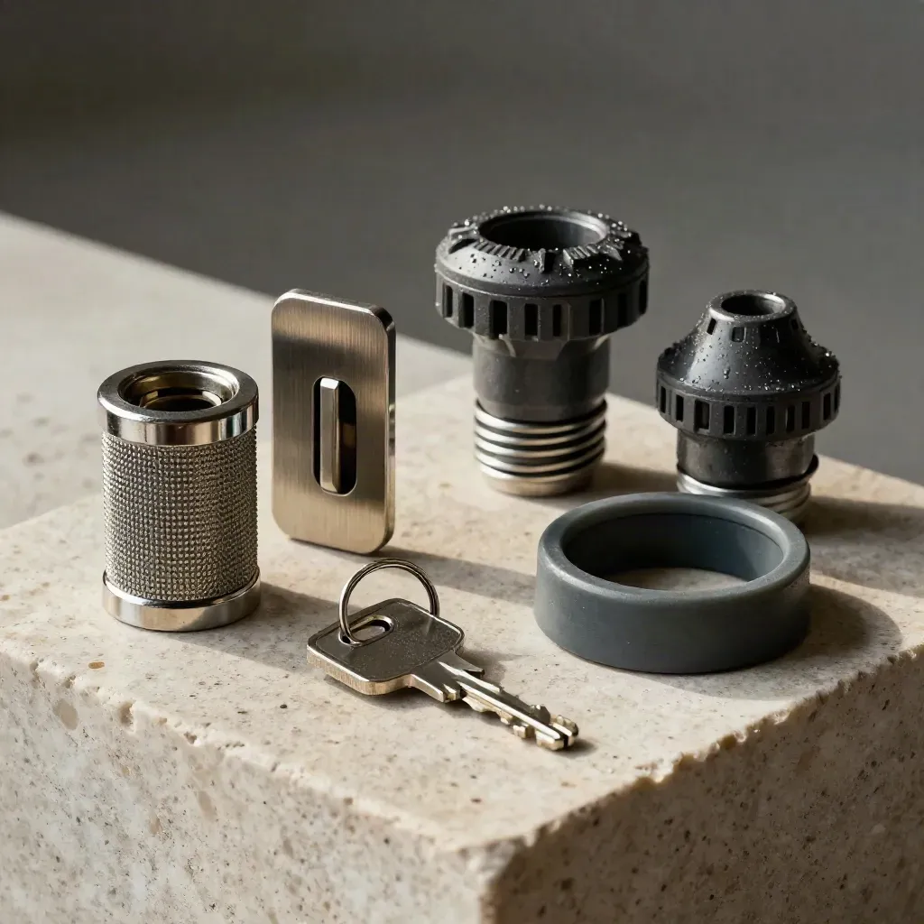 Lock cylinder, latch plate, irrigation head, cover ring, and key ring on pale stone