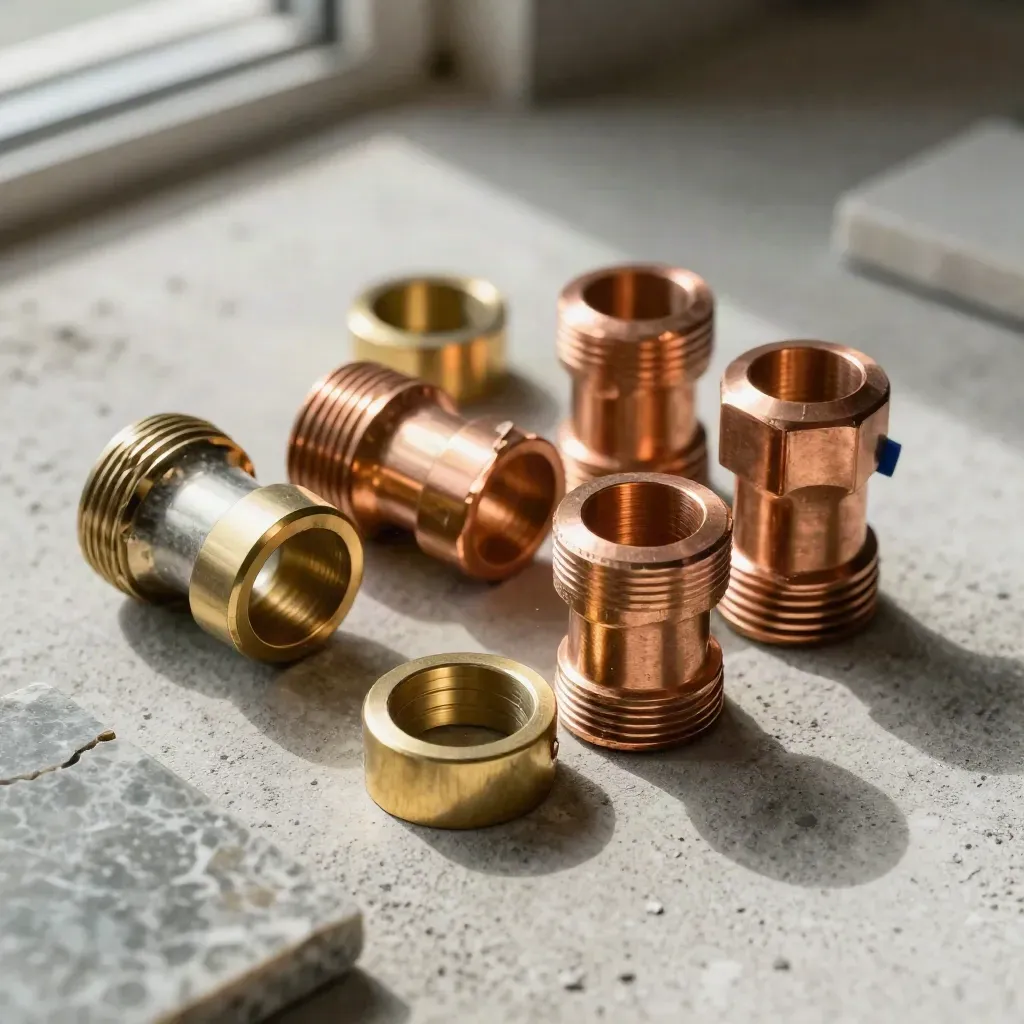 Copper PEX fittings, brass rings, tile offcuts and spacer block on concrete