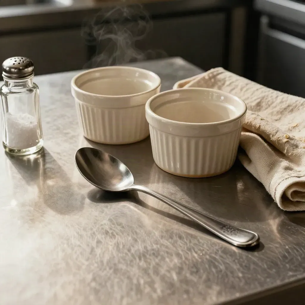 Kitchen still life with spoon, ramekin, salt cellar, linen, and glass bottle on steel