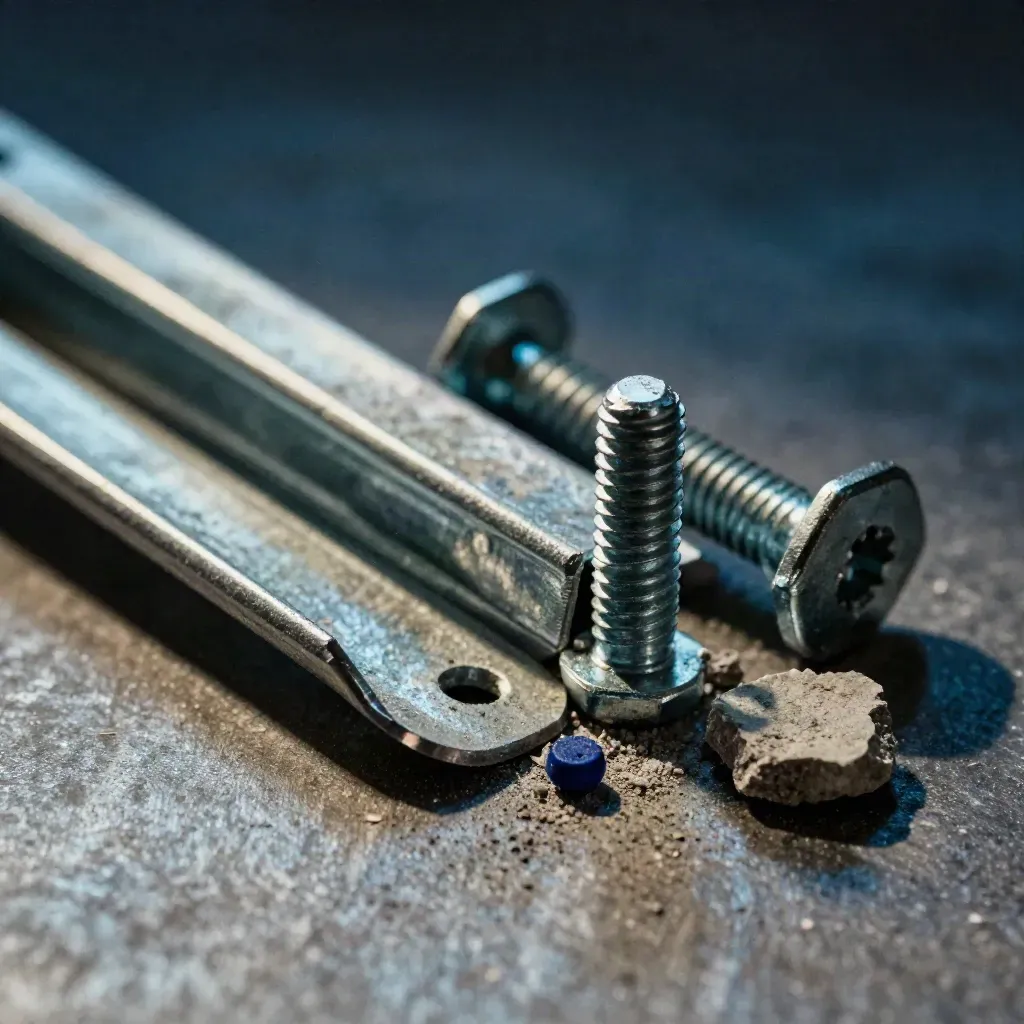Macro hardware cluster: joist hanger, masonry anchor, lag bolt, and concrete chip on brushed metal.
