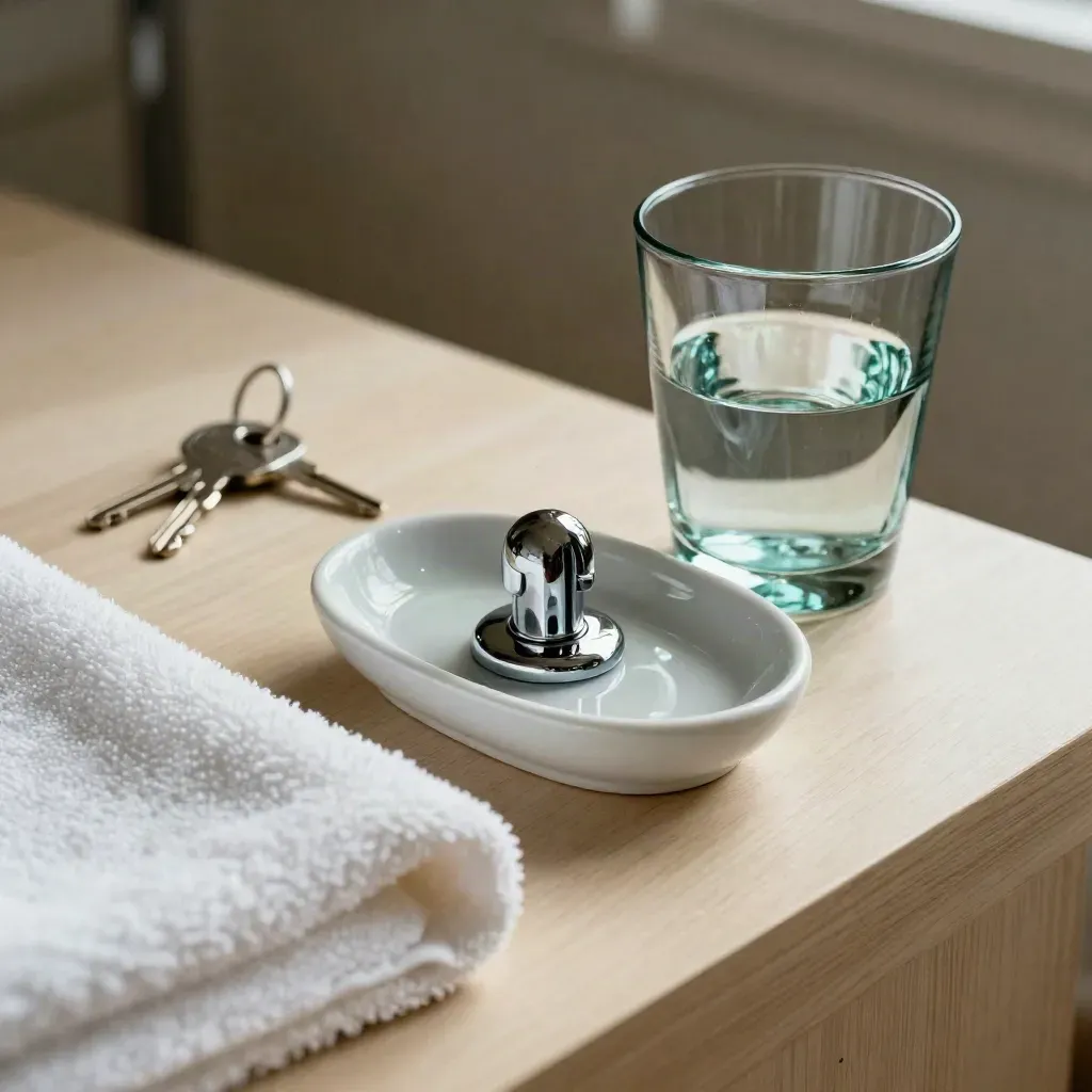 Folded towel, soap dish, chrome escutcheon and glass tumbler on pale wood
