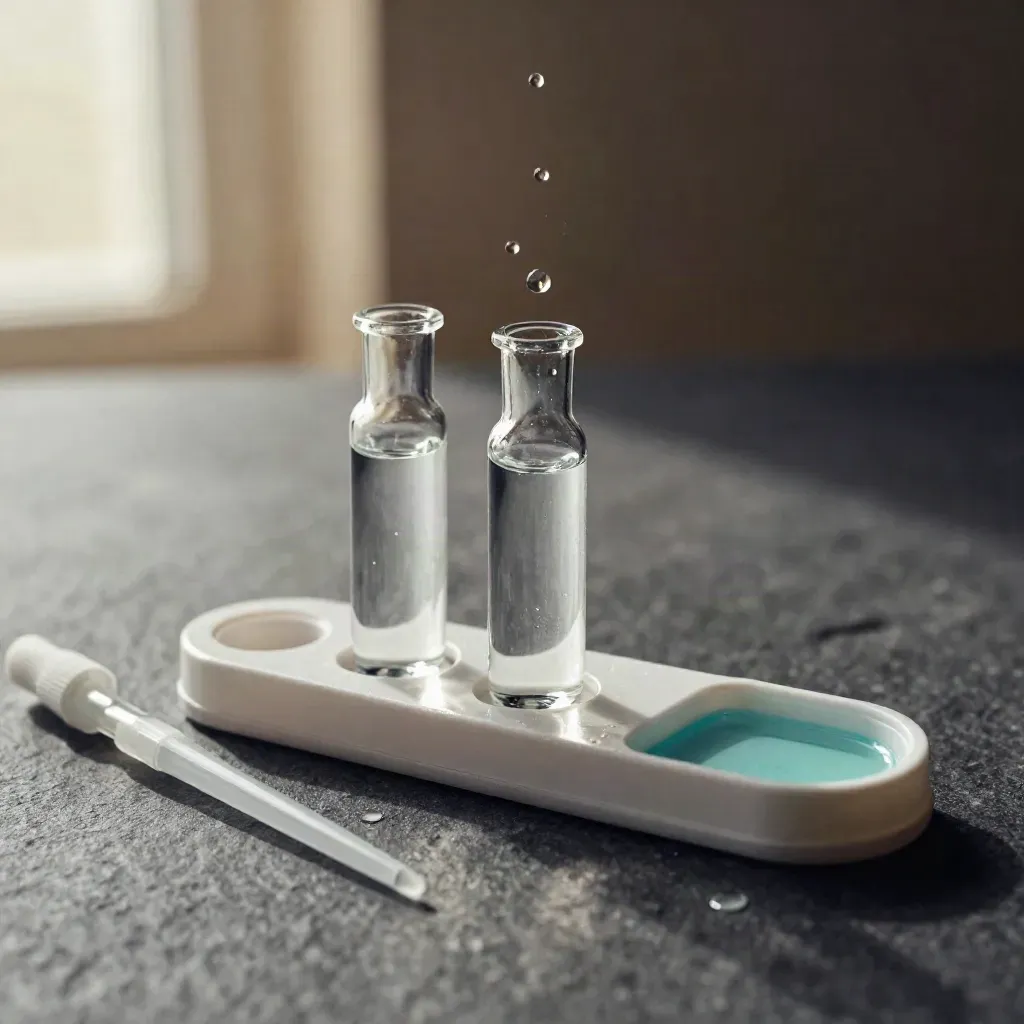 Macro water-test comparator with two vials, droppers, and tiny condensation beads on stone.