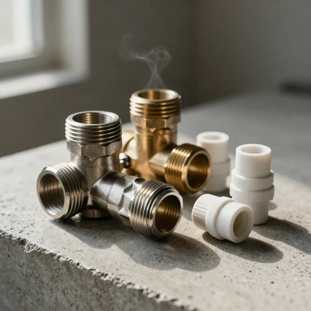 Stainless manifold fittings, brass tee and push-fit adapters on pale concrete in dramatic studio light.