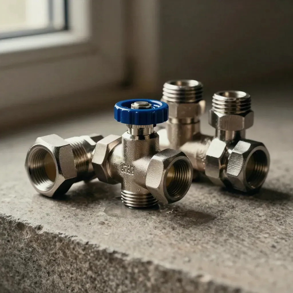 Macro of a water softener valve head, bypass assembly, and braided connectors on stone