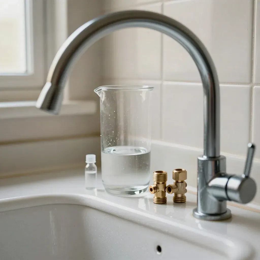 Under-sink water test scene with pitcher, vial, P-trap, shutoff hardware, and blurred faucet arc