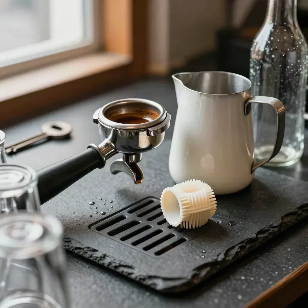 Café water-treatment still life with portafilter, pitcher, filter cartridge, tray insert, and bottle on stone.