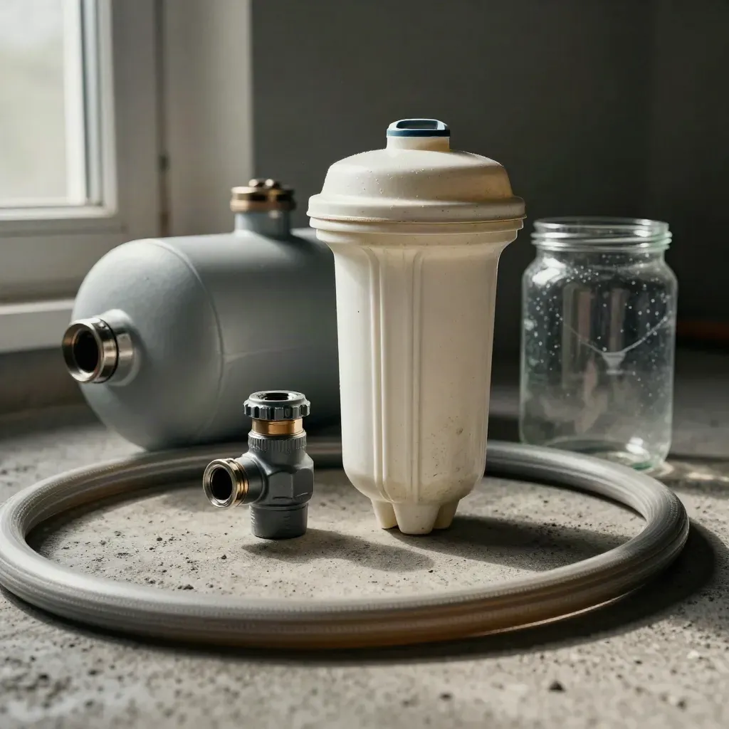 Pressure tank cap, filter parts, sample jar and hose on concrete, seen through a hose loop.