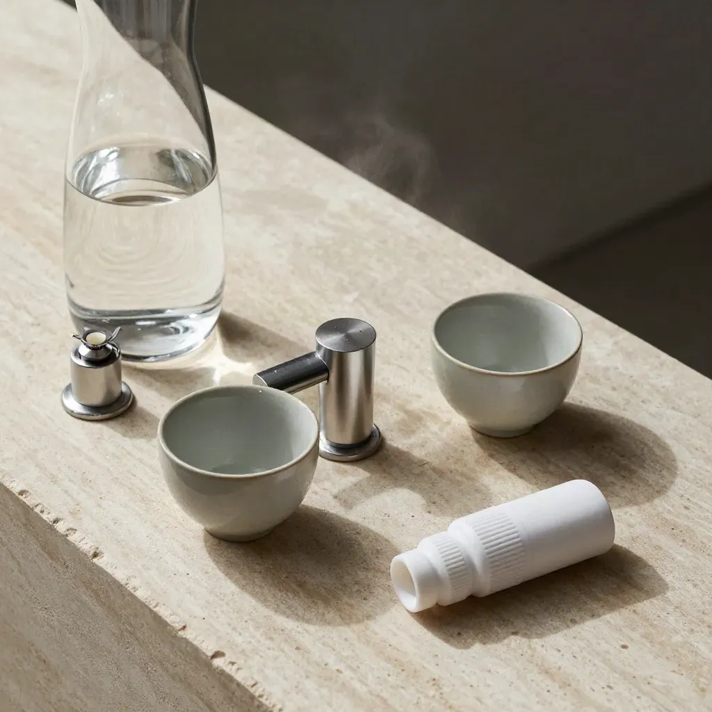 Top-down still life of filtered water carafe, ceramic cups, RO cartridge, and steel aerator on pale stone.