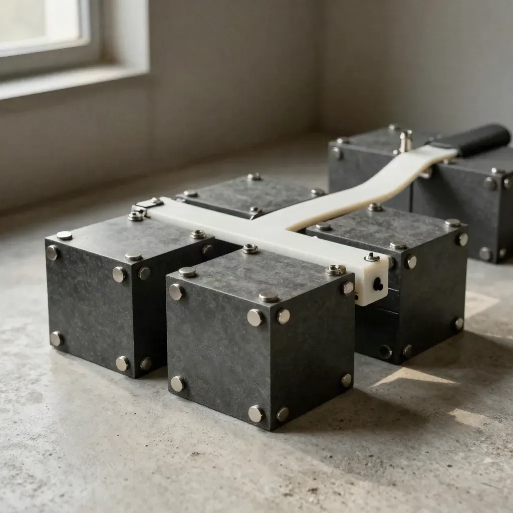 Graphite modular blocks, magnetic pins and a white bridge connector on pale concrete.