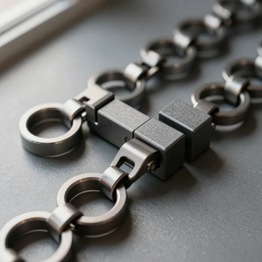 Macro of linked steel couplers, rings, and modular graphite blocks on brushed graphite.