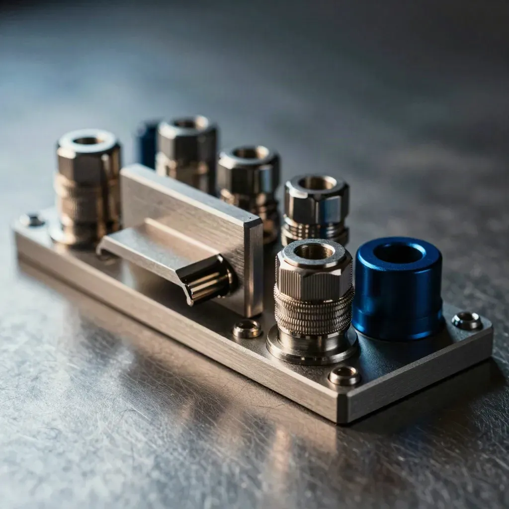 Brushed metal connector hardware with blue spacer in a tight macro still life.