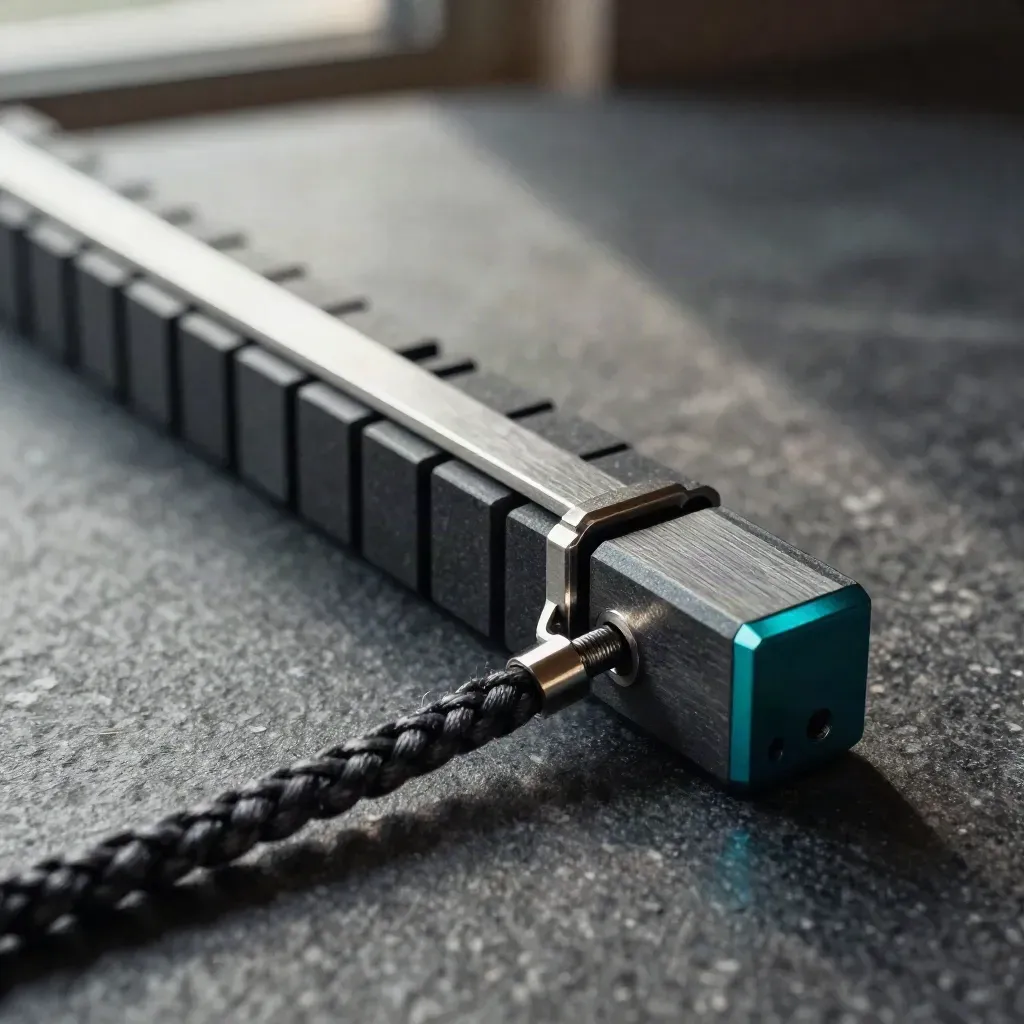 Top-down macro of graphite connector blocks, silver bridge piece, and braided line on dark stone.