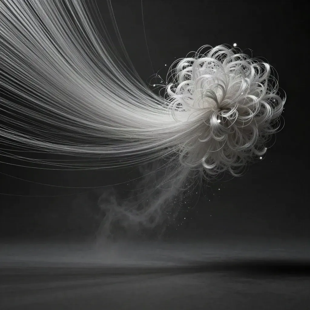 Silver filaments converge into a soft white bloom in dark graphite haze with open copy space.
